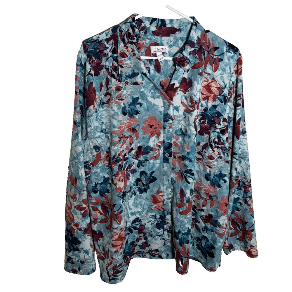 D&CO Shirt Women's XL Button Up Floral Long Sleeve Collared Top Blue